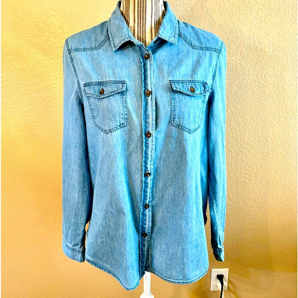 Chambray Button-Up Top L Eden & Olivia Long-Sleeves Denim Blue 100% Cotton